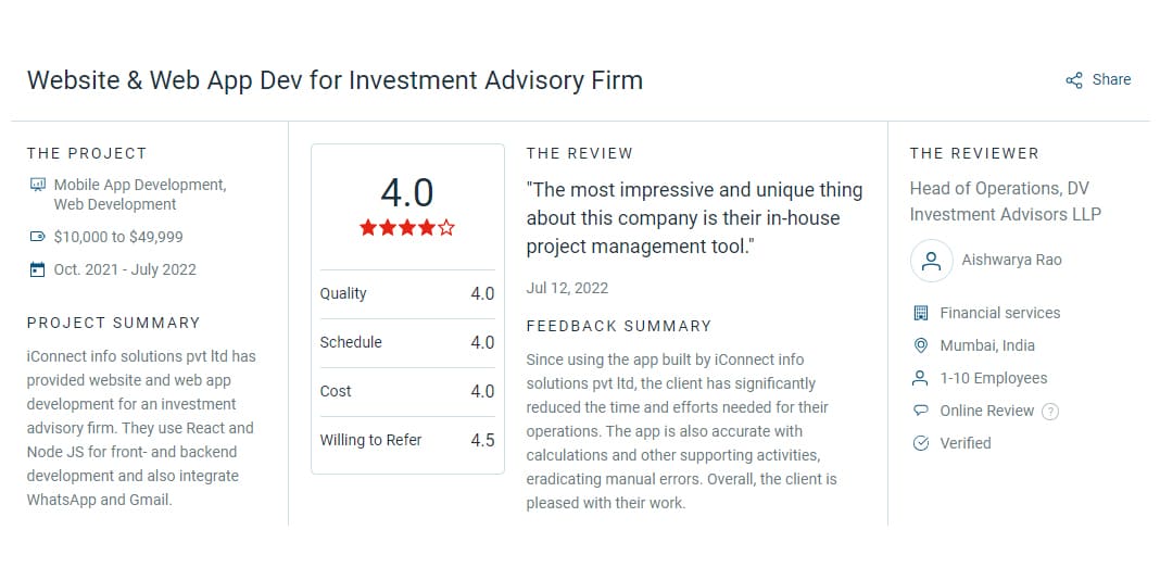 review for website & web app dev for investment advisory firm
