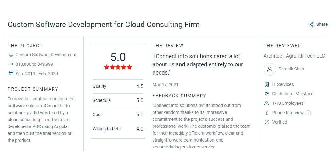 review for custom software development for cloud consulting firm