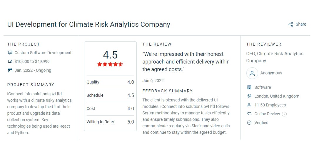 review for UI development for climate risk analytics company