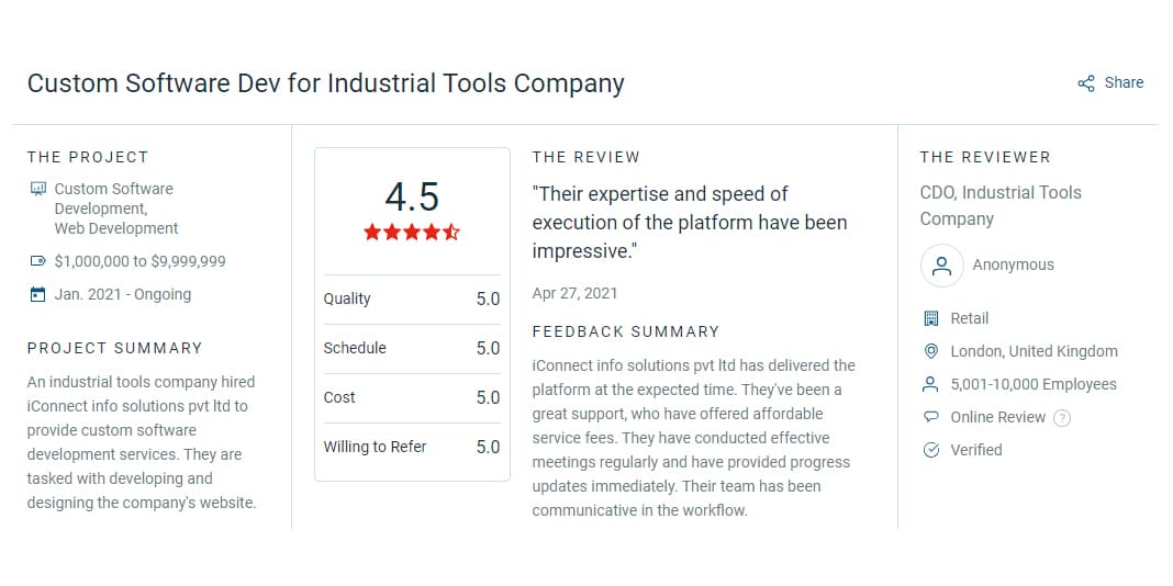 review for custom software development for industrial tool company